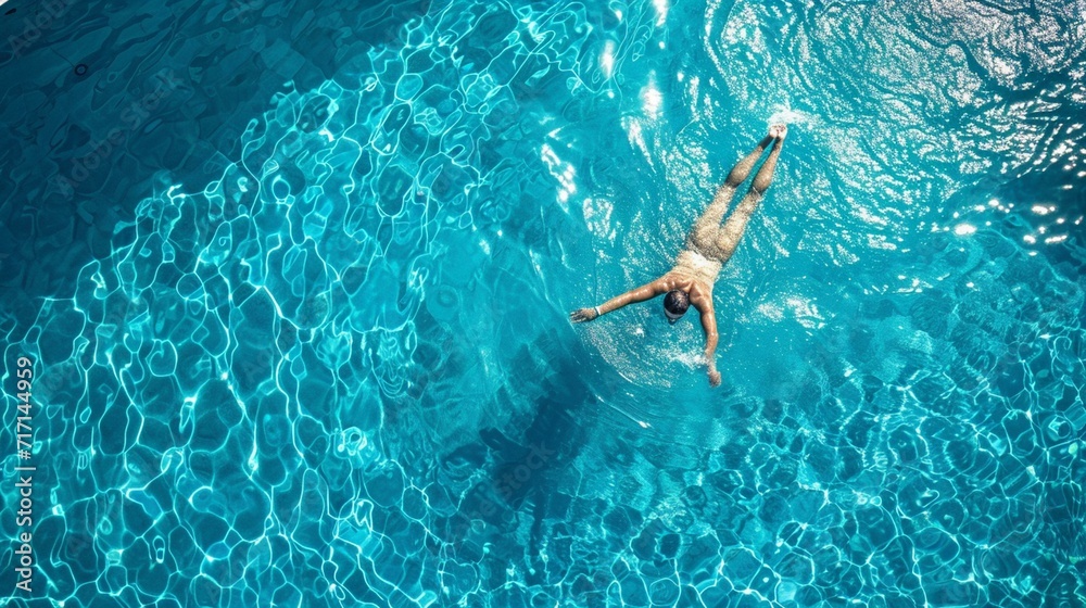 Overhead view of a swimmer doing laps in a crystal-clear pool, creating mesmerizing ripples. [Swimmer doing laps in clear pool