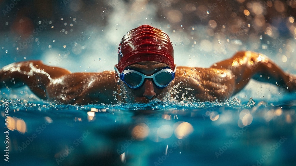 Competitive swimmer racing against the clock in a professional swimming ...