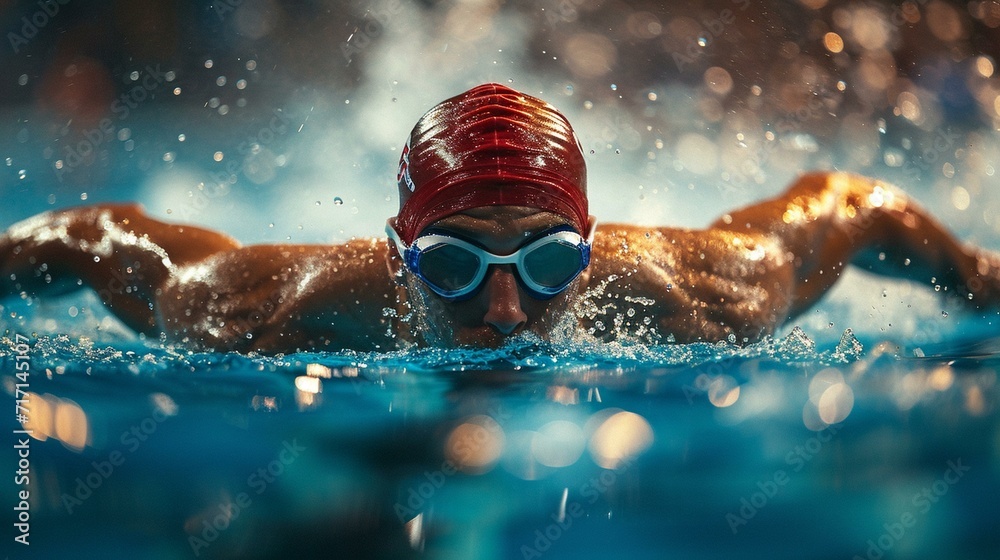 Competitive swimmer racing against the clock in a professional swimming competition. [Competitive swimmer in professional race