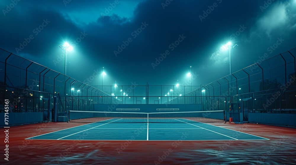 Atmospheric shot of a tennis court illuminated by stadium lights during