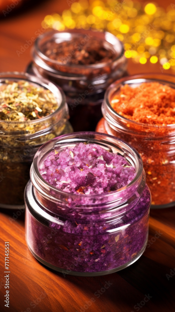 Colorful body scrubs displayed in clear glass jars, highlighting natural beauty ingredients. Colorful body scrubs displayed in clear glass jars, highlighting natural beauty ingredients.