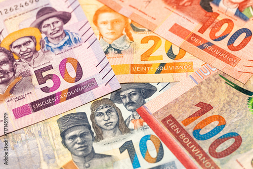 Fotografia Money Bolivia, All paper banknotes, Bolivian currency, financial concept