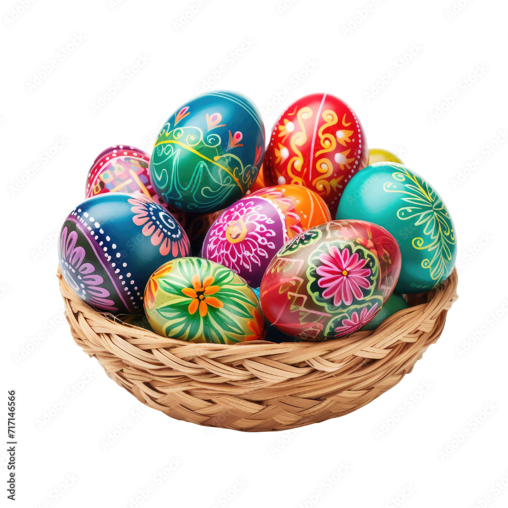 Colorful easter eggs in basket isolated on transparent background Colorful easter eggs in basket isolated on transparent background