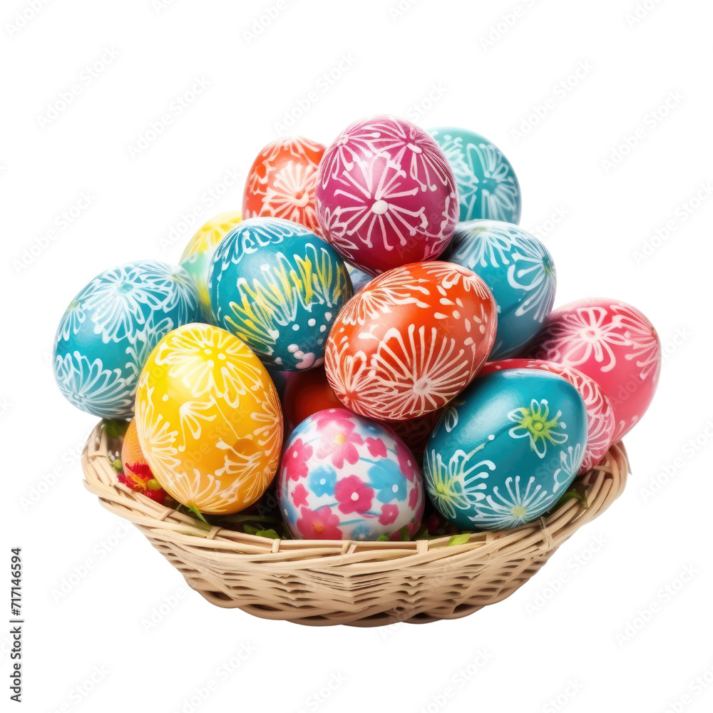 Colorful easter eggs in basket isolated on transparent background Colorful easter eggs in basket isolated on transparent background
