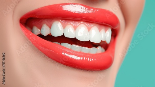 A close-up of red lips smiling showing white teeth