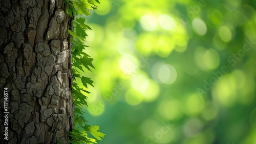 Sunlight filtering through green leaves on a tree trunk