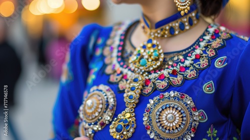 Traditional Indian attire with elaborate embroidery and jewelry