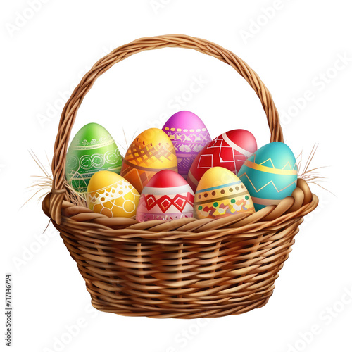 Colorful easter eggs in basket isolated on transparent background