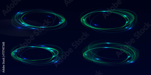 Neon swirl. Curve blue line light effect. Abstract ring background with glowing swirling background. Energy flow tunnel. Blue portal, platform. Magic circle vector. Luminous spiral. round frame