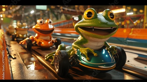the animated chaos of a cartoon race track, where frogs in speedy vehicles compete in a comical and entertaining display of high-speed amphibian racing.