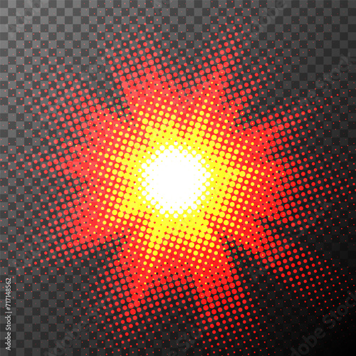 Halftone Sun Light Shining on Dark Background, PNG Ready, Vector Illustration