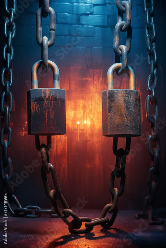 Two heavy-duty padlocks securing strong chains, with an ominous red light in the background. photo