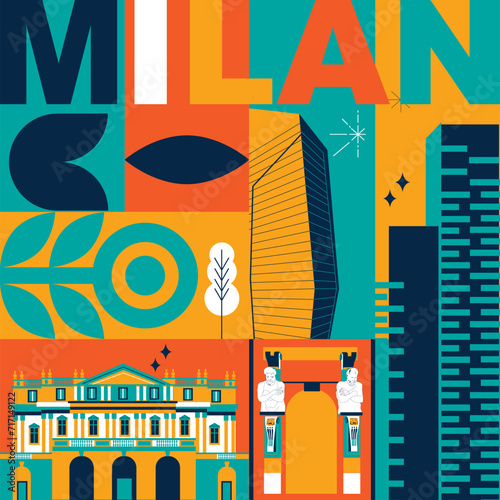 Typography word "Milan" branding technology concept. Collection of flat vector web icons. Italy culture travel set, famous architectures, specialties detailed silhouette. Italian famous landmark