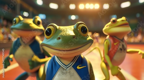 the animated excitement of a cartoon sports arena, where frogs in jerseys and athletic gear compete in a lively and comical display of animated athleticism.