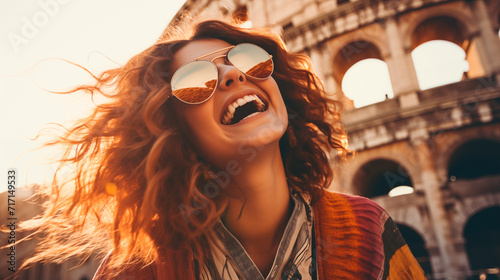 Beautiful traveler caucasian woman in trendy clothes and sunglasses make selfie, smiling at camera exploring the historic city of Colosseum Rome, Italy. 
