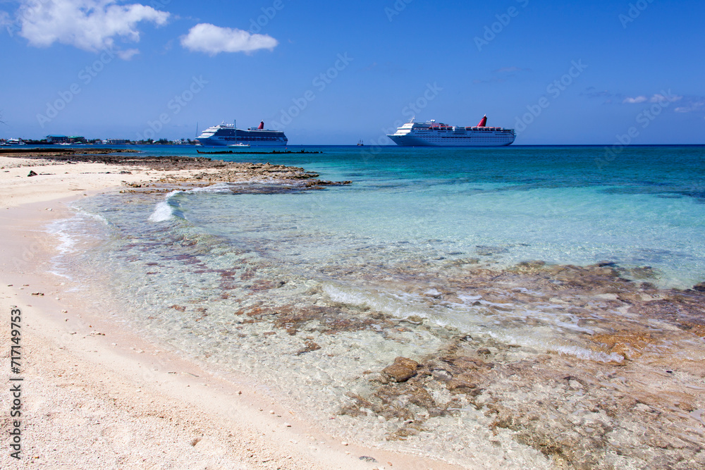Grand Cayman Island Beach Waves And Cruise Ships
