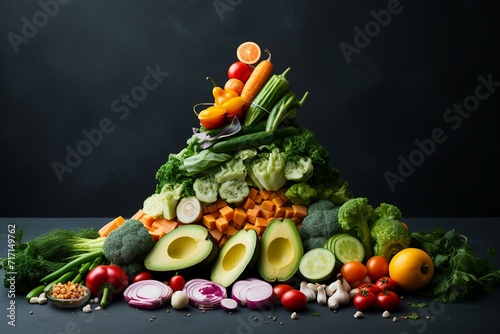 Composition with variety of fresh organic vegetables on black table  space for text