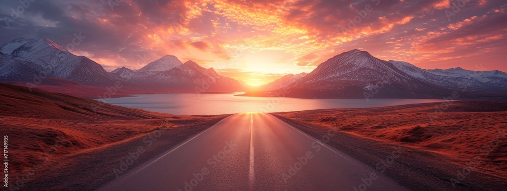 Sunset, desert mountains, road winding along the lake, photo-realistic hyperbole, norwegian nature, light-filled scenes - obrazy, fototapety, plakaty 