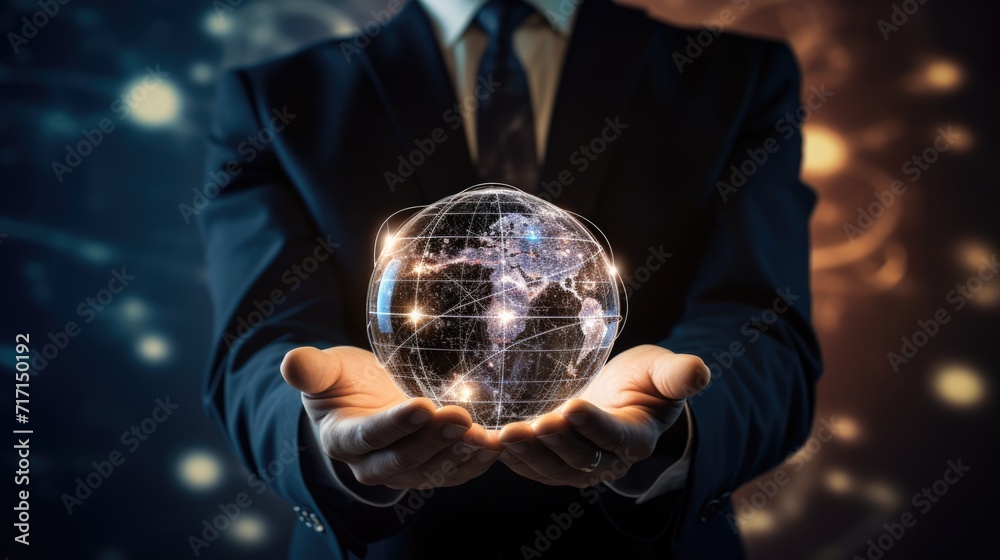 Fototapeta premium Businessman holding global structure networking and data exchanges customer connection. Customer relationship management. Client service, digital marketing and social network
