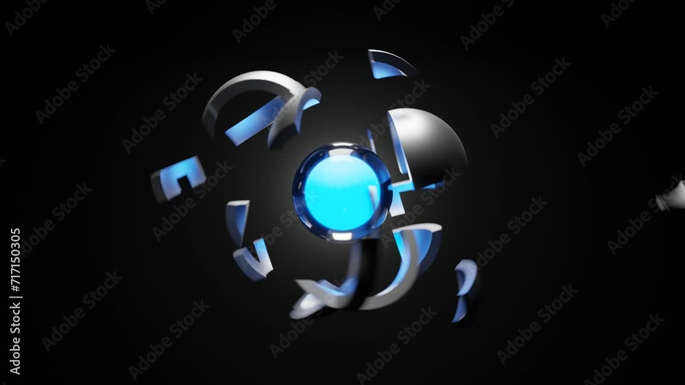 Rotating metal ball breaks into pieces. 3D Looped background.