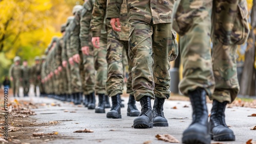 Military personnel marching in a line during autumn photo