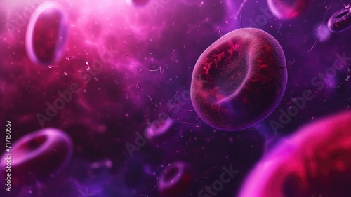Red blood cells against a vibrant purple backdrop, highlighting a single cell in detail