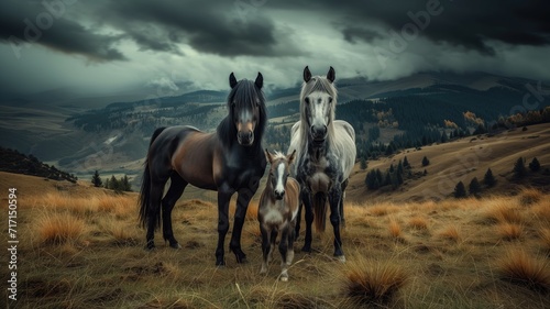 Three horses on a moody grassland
