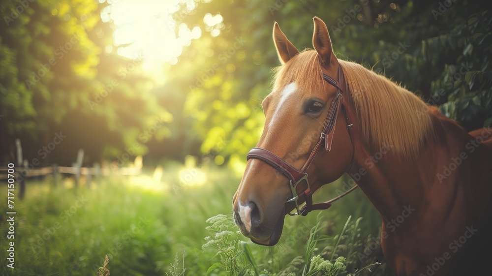Obraz premium Horse in golden light among green foliage
