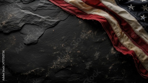 An American flag draped over a rough stone texture