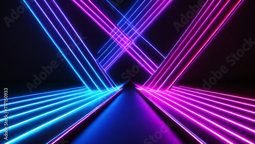 Captivating 3D Render: Neon Slant Lights in Blue, Pink, and Purple background- 80's Retro Style Fashion Show Stage with Ultraviolet Glow