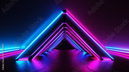 Captivating 3D Render: Neon Slant Lights in Blue, Pink, and Purple background - 80's Retro Style Fashion Show Stage with Ultraviolet Glow