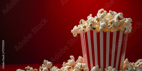 Classic Striped Popcorn Bucket Overflowing on a Simple Dark Red Background - Cinema Theater Night Background 
