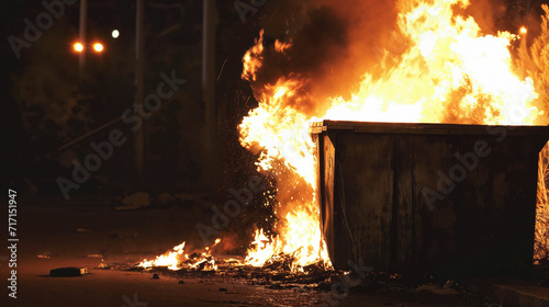 Dumpster fire, ablaze with intense flames against a night backdrop.