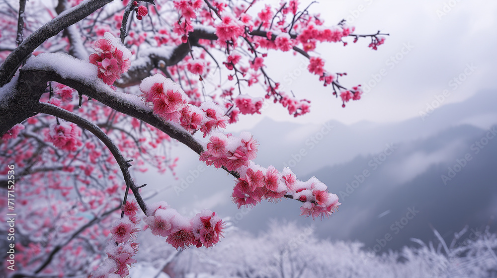 Fototapeta premium Blossoming Pink Cherry Branches in Winter against Misty Cloudy Japan Mountain Backdrop