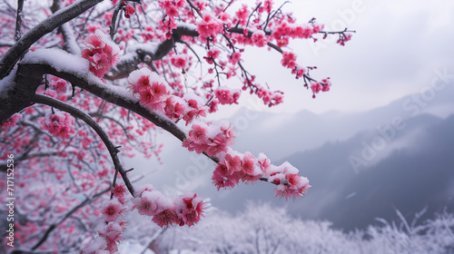 Blossoming Pink Cherry Branches in Winter against Misty Cloudy Japan Mountain Backdrop