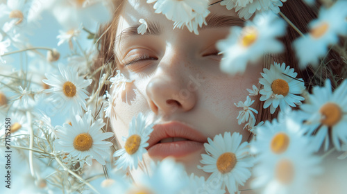 Dreamy Portrait of Woman with Daisy Flowers - Skincare Face Concept 