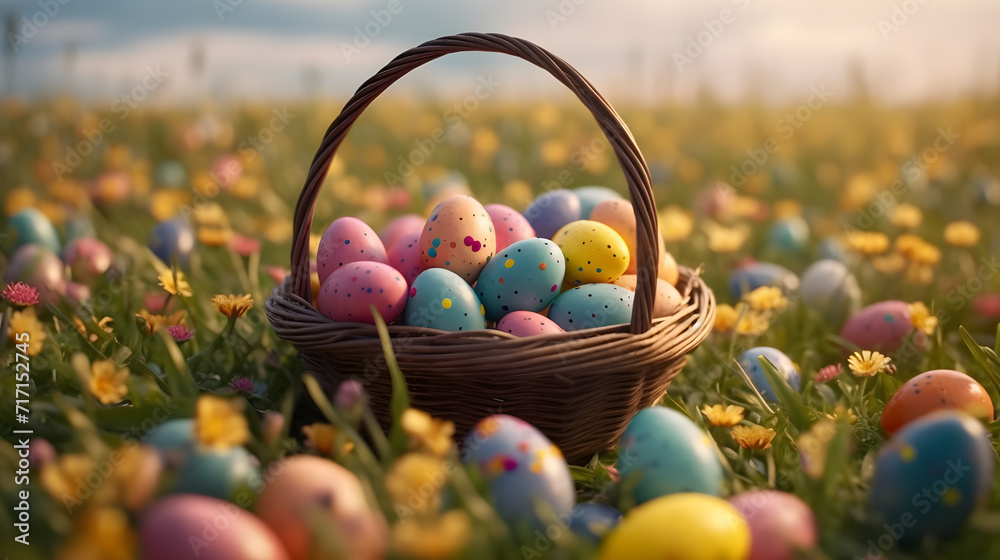 Easter egg basket in field. Easter egg hunt Easter egg basket in field. Easter egg hunt
