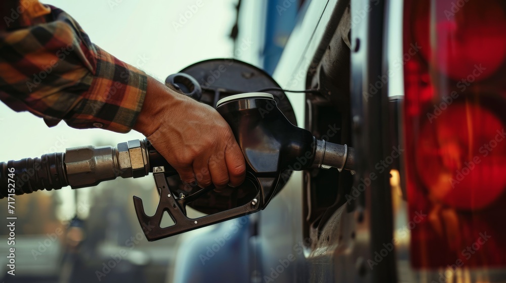 A detailed close-up of a man expertly refueling a gas truck or car, highlighting the meticulous process and emphasizing the essential role of refueling in the automotive industry. - obrazy, fototapety, plakaty 
