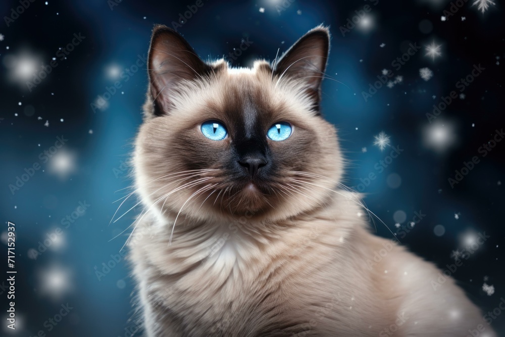A siamese cat with blue eyes is looking up. Generative AI.