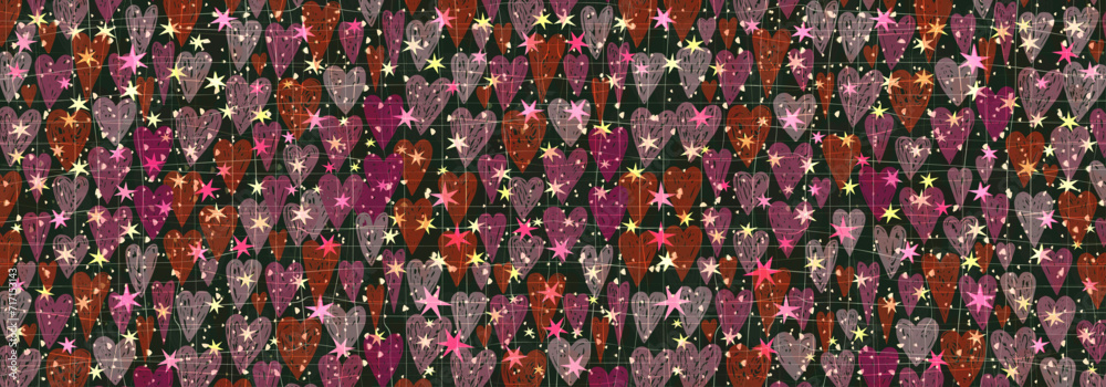 Vector horizontal banner with hearts, stars and dots on dark background for Valentine's Day designs, brochures and flyers Vector horizontal banner with hearts, stars and dots on dark background for Valentine's Day designs, brochures and flyers