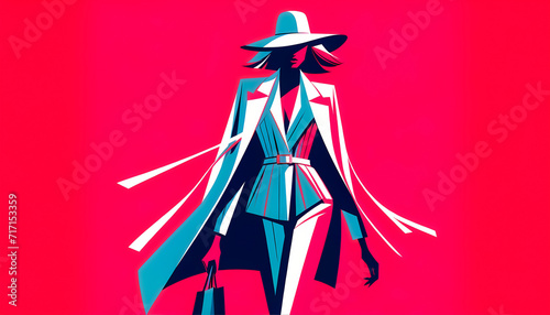 A fashion illustration in a vivid minimalism style, featuring a figure in a striking pose