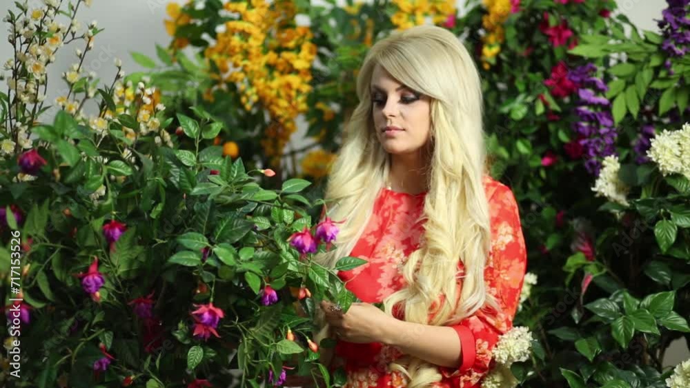 Beautiful girl with long blond hair is walking among flowers Beautiful girl with long blond hair is walking among flowers