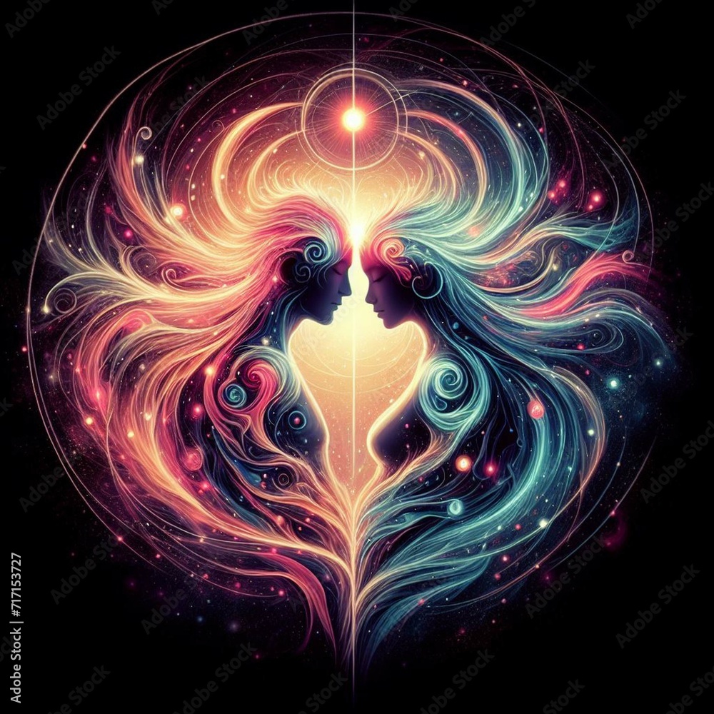 Obraz premium Twin flame couple. Soulmates. The concept of magical, esoteric, tantric, spiritual love. Connection between souls. Illustration for websites and much more. Created using generative ai tools.
