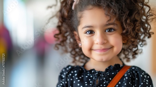 Portrait of a young girl with curly hair and a bright smile