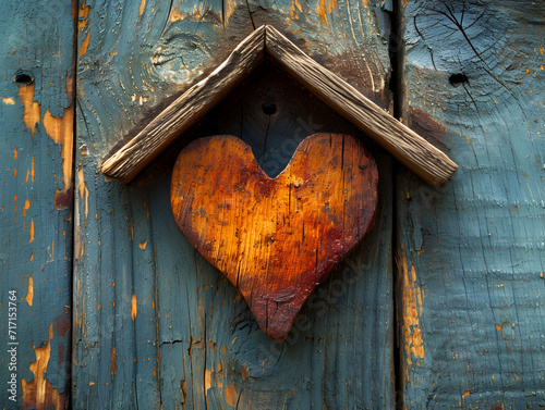 Rustic heart-shaped house made of wood, Saint Valentine theme, family living concept	 photo