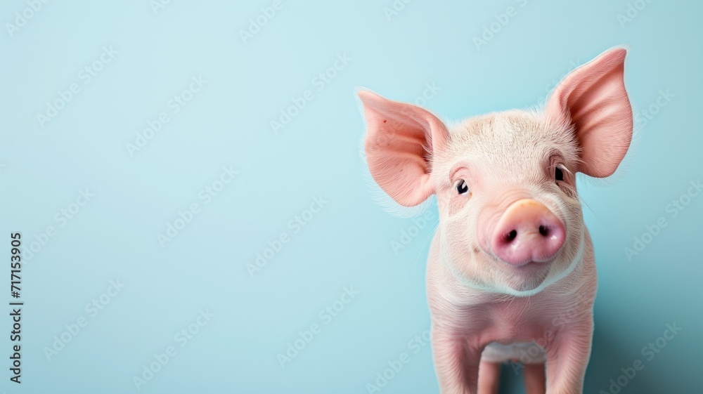 A piglet against a pale blue background looking forward A piglet against a pale blue background looking forward