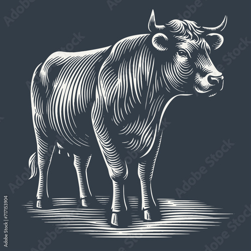 Cow. Vintage woodcut style vector illustration on dark background.