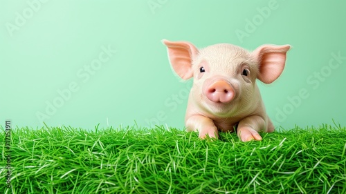 Piglet lying on green artificial grass