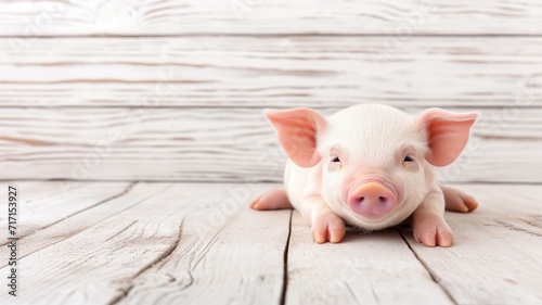 Piglet on a wooden floor with a white backdrop