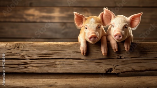Two piglets peeking over a wooden fence photo